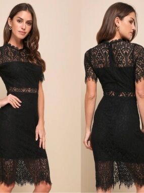 Lulu's Black Lace Midi Dress with Scalloped Trim